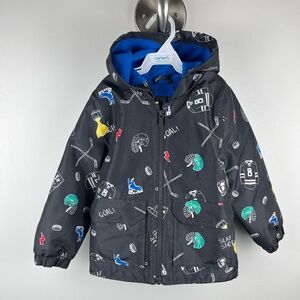 Carter's Grey Hockey Print Hooded Raincoat Jacket Fleece Lined ЗТ